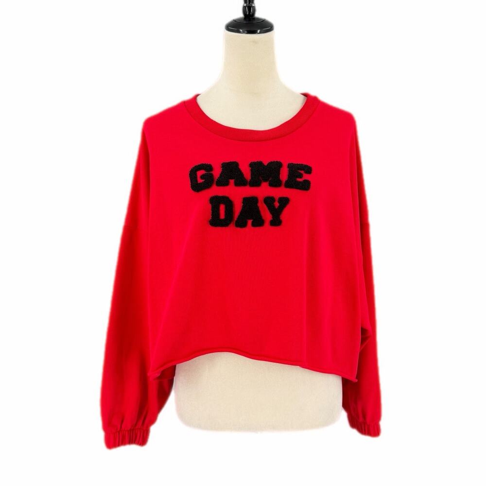 Anna & Ava S/M Game Day Red Black Collegiate Football Cropped Baggy Sweatshirt